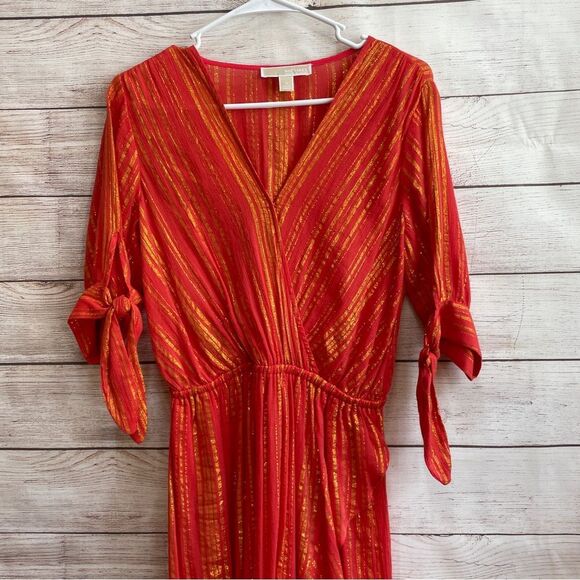 MICHAEL KORS METALLIC CREPE WRAP MAXI DRESS IN ORANGE - Picture 4 of 8